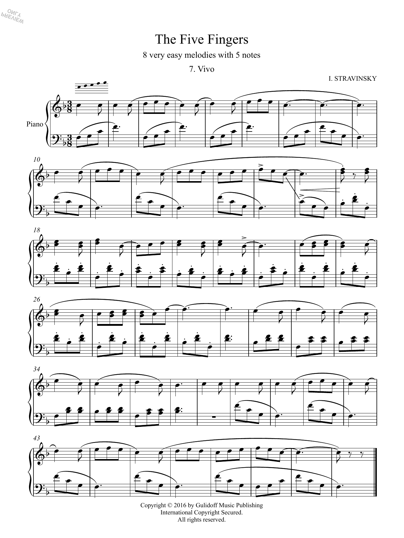 Igor Stravinsky Five Fingers: 7. Vivo sheet music, chords, lyrics - Printable PDF for Piano Solo
