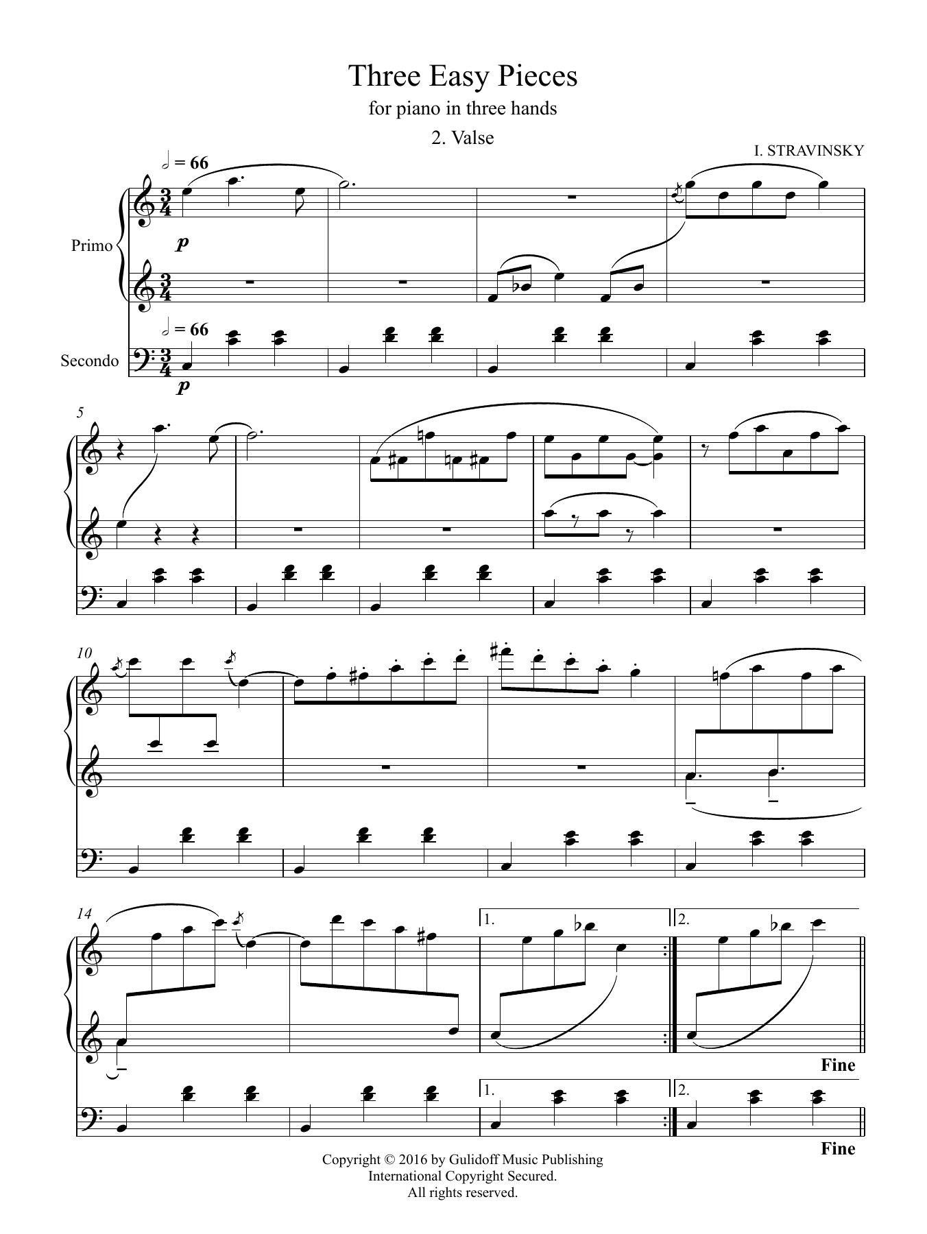 Igor Stravinsky Three Easy Pieces for piano in three hands 2. Valse sheet music, chords, lyrics - Printable PDF for Piano Duet