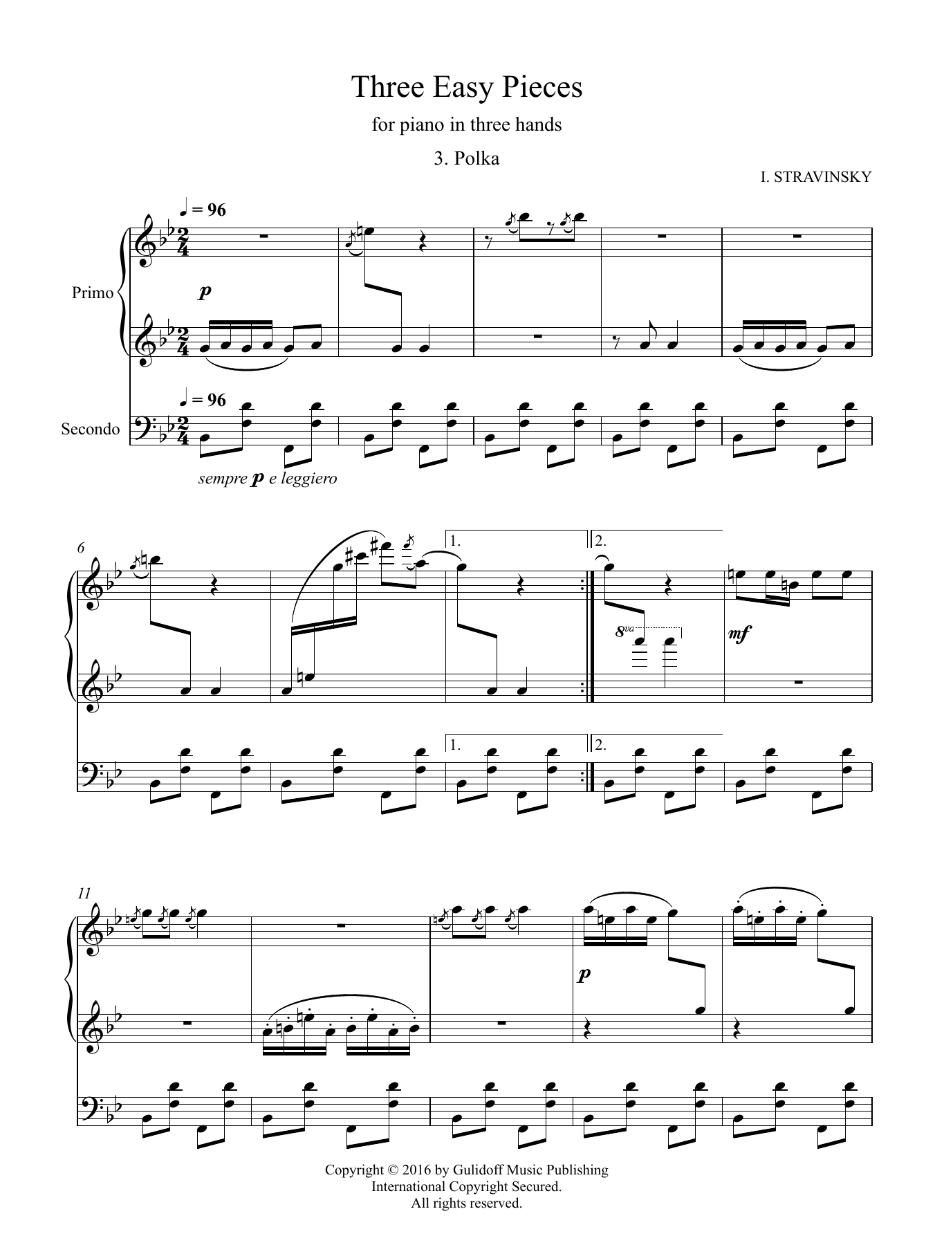Igor Stravinsky Three Easy Pieces for piano in three hands 3. Polka sheet music, chords, lyrics - Printable PDF for Piano Duet