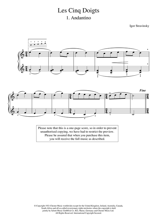 Learn to play Igor Stravinsky Andantino (No. 1 From Les Cinq Doigts) sheet music for Piano in minutes. Igor Stravinsky Andantino (No. 1 From Les Cinq Doigts) sheet music notes and chords