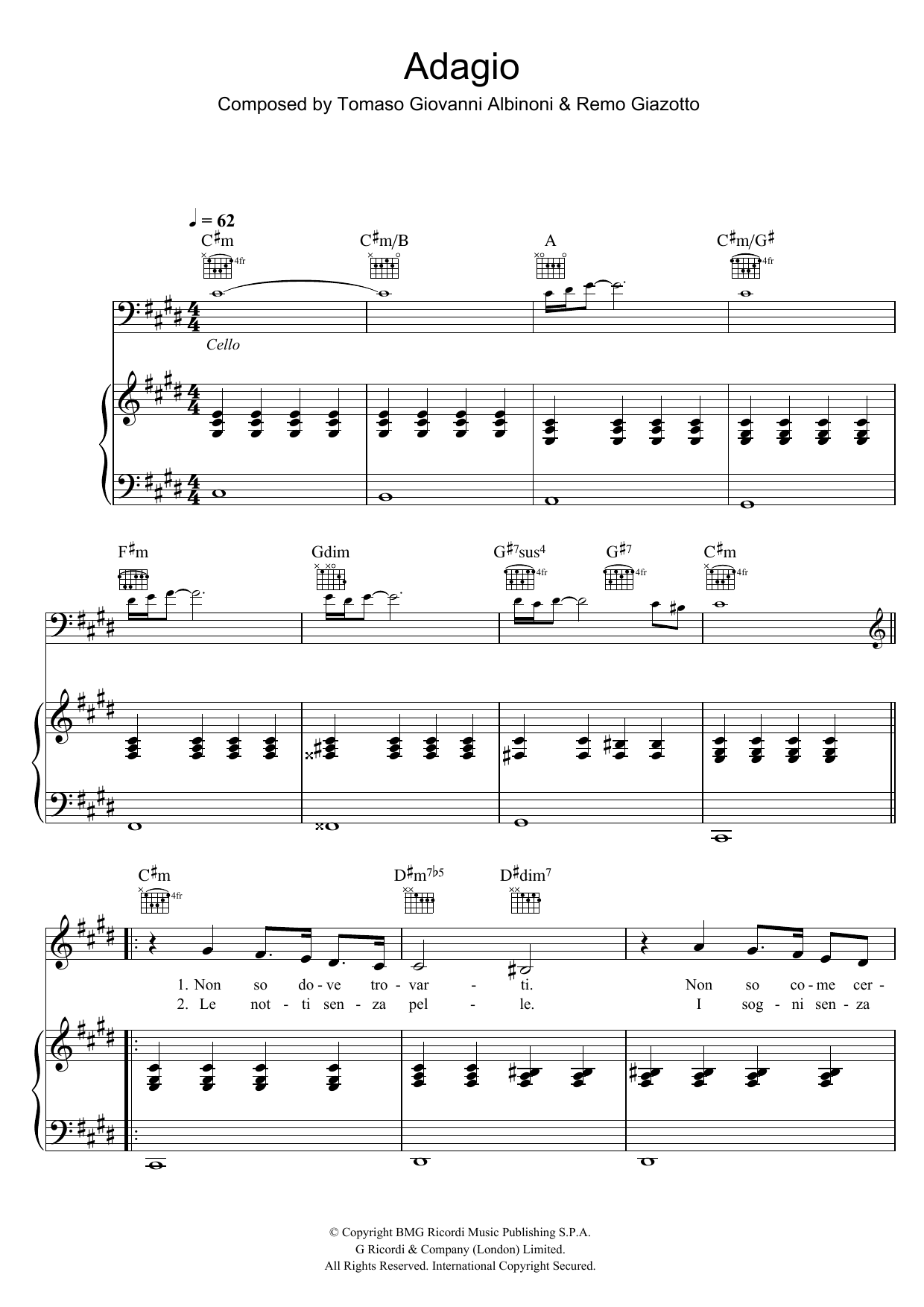 Il Divo Adagio in G Minor sheet music preview music notes and score for Piano, Vocal & Guitar including 5 page(s)