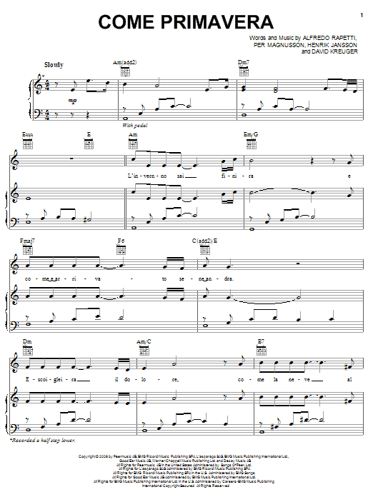Learn to play Il Divo Come Primavera sheet music for Piano, Vocal & Guitar (Right-Hand Melody) in minutes. Il Divo Come Primavera sheet music preview music notes and score for Piano, Vocal & Guitar (Right-Hand Melody) including 5 page(s)