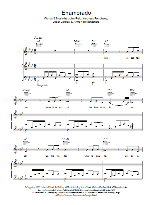 Il Divo Enamorado sheet music preview music notes and score for Piano, Vocal & Guitar including 4 page(s)