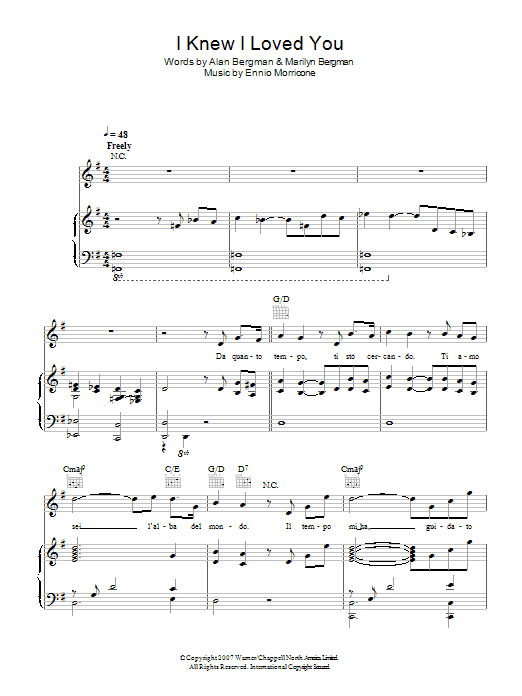 Il Divo I Knew I Loved You (L'Alba Del Mondo) sheet music preview music notes and score for Piano, Vocal & Guitar including 4 page(s)