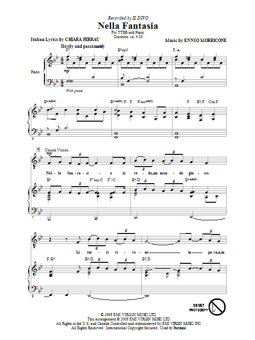 Learn to play Il Divo Nella Fantasia (In My Fantasy) sheet music for TTBB in minutes. Il Divo Nella Fantasia (In My Fantasy) sheet music preview music notes and score for TTBB including 7 page(s)