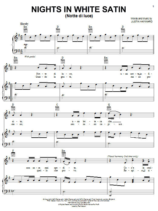 Learn to play Il Divo Nights In White Satin (Notte Di Luce) sheet music for Piano, Vocal & Guitar (Right-Hand Melody) in minutes. Il Divo Nights In White Satin (Notte Di Luce) sheet music preview music notes and score for Piano, Vocal & Guitar (Right-Hand Melody) including 6 page(s)