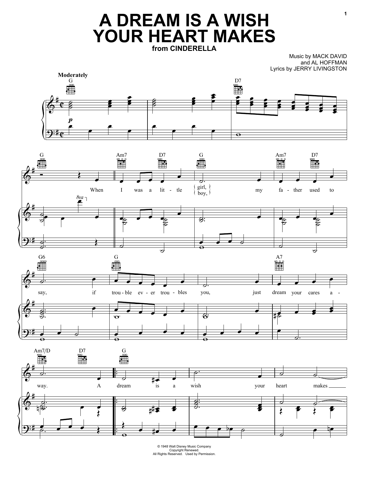 Learn to play Ilene Woods A Dream Is A Wish Your Heart Makes sheet music for Piano, Vocal & Guitar (Right-Hand Melody) in minutes. Ilene Woods A Dream Is A Wish Your Heart Makes sheet music preview music notes and score for Piano, Vocal & Guitar (Right-Hand Melody) including 3 page(s)