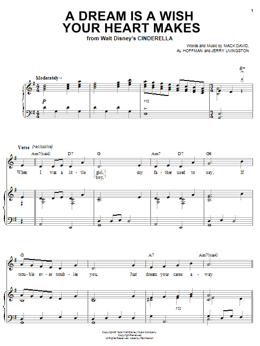 Learn to play Ilene Woods A Dream Is A Wish Your Heart Makes sheet music for Piano, Vocal & Guitar (Right-Hand Melody) in minutes. Ilene Woods A Dream Is A Wish Your Heart Makes sheet music preview music notes and score for Piano, Vocal & Guitar (Right-Hand Melody) including 3 page(s)
