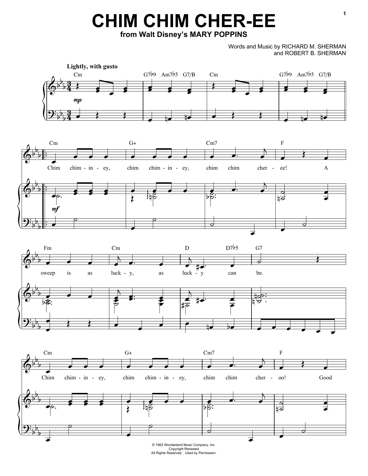 Learn to play Ilene Woods Chim Chim Cher-ee sheet music for Piano, Vocal & Guitar (Right-Hand Melody) in minutes. Ilene Woods Chim Chim Cher-ee sheet music preview music notes and score for Piano, Vocal & Guitar (Right-Hand Melody) including 4 page(s)