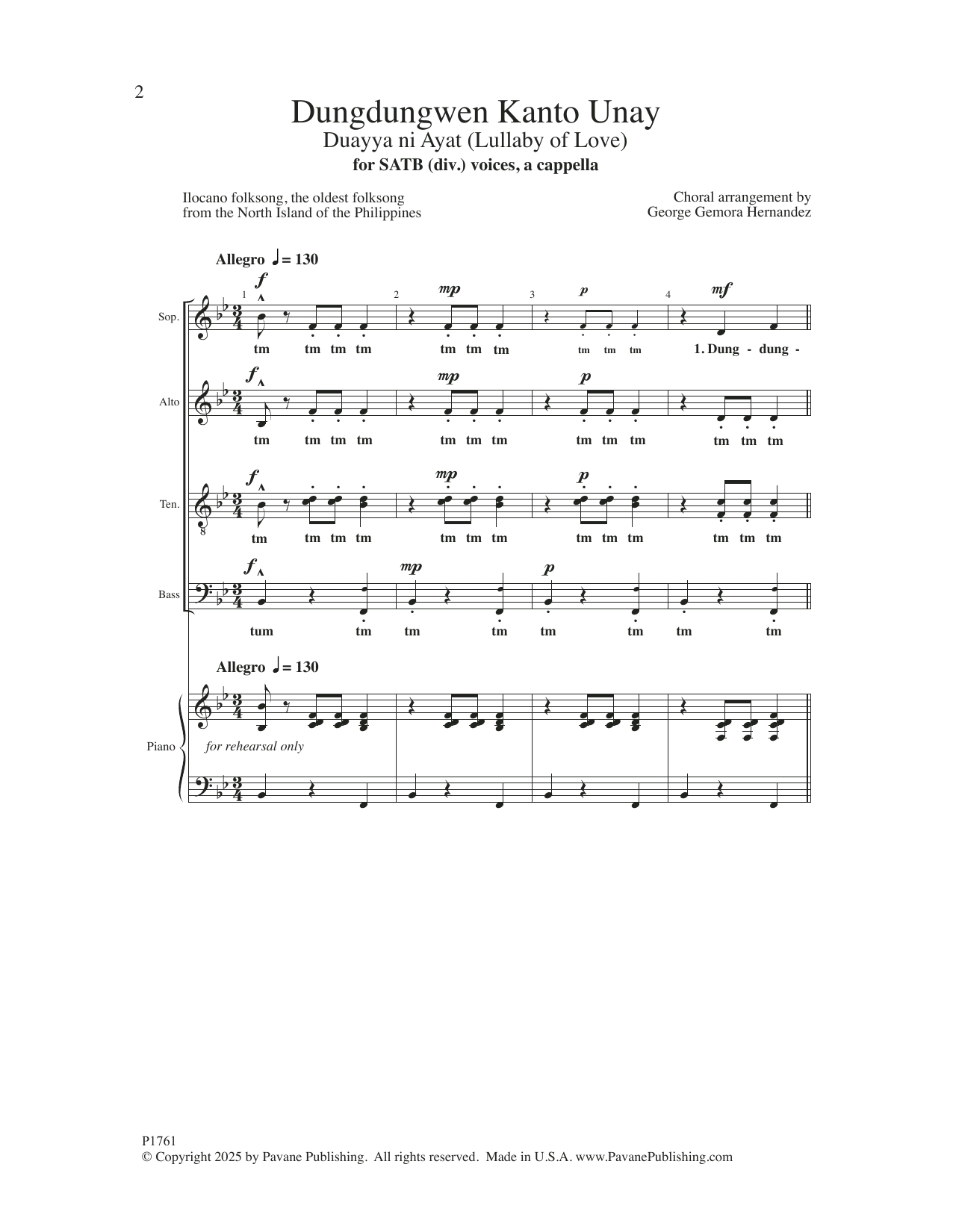 Ilocano Folksong Dungdungwen Kanto Unay (arr. George Gemora Hernandez) sheet music, chords, lyrics - Printable PDF for SATB Choir