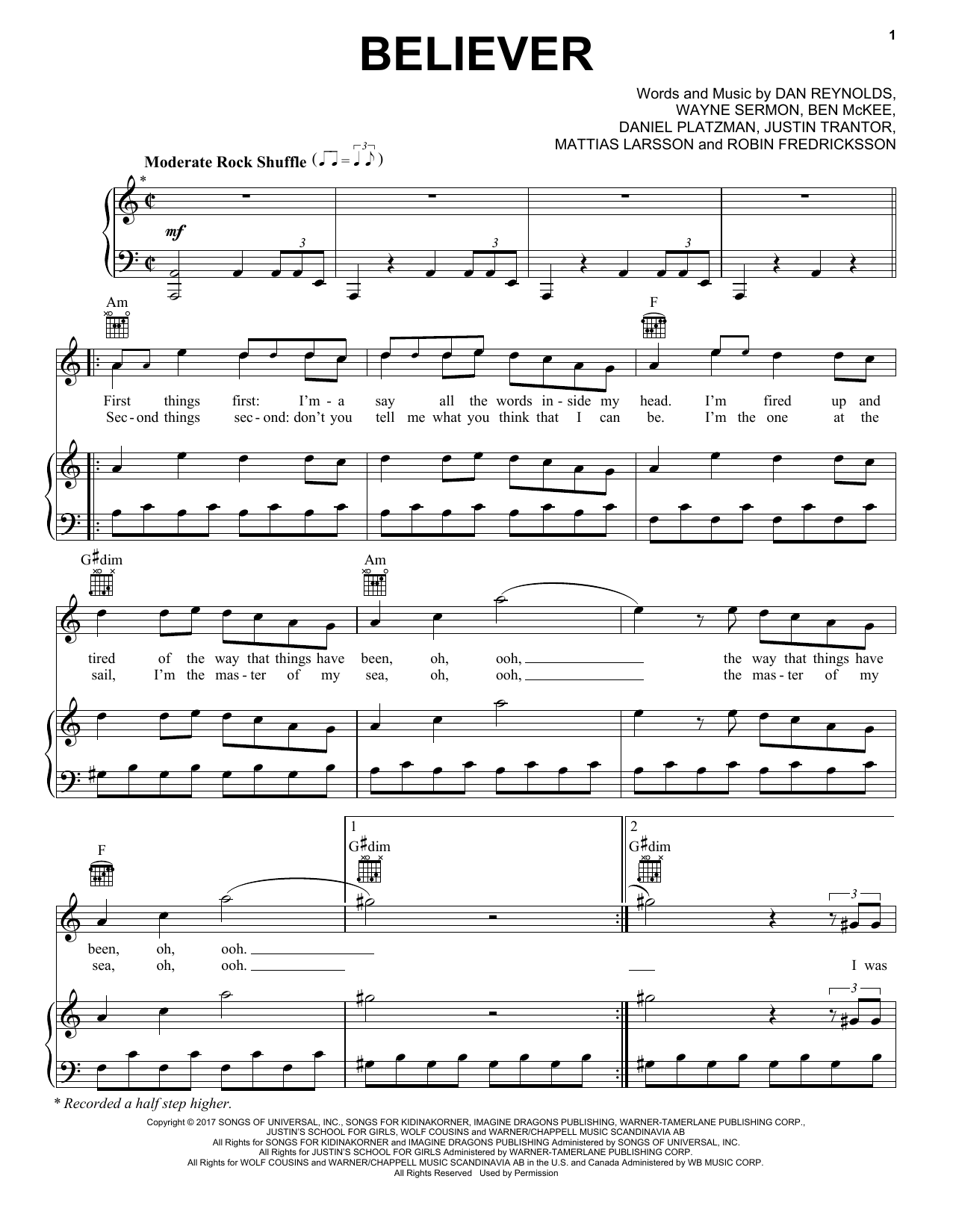 Imagine Dragons Believer Sheet Music Download Pdf Score