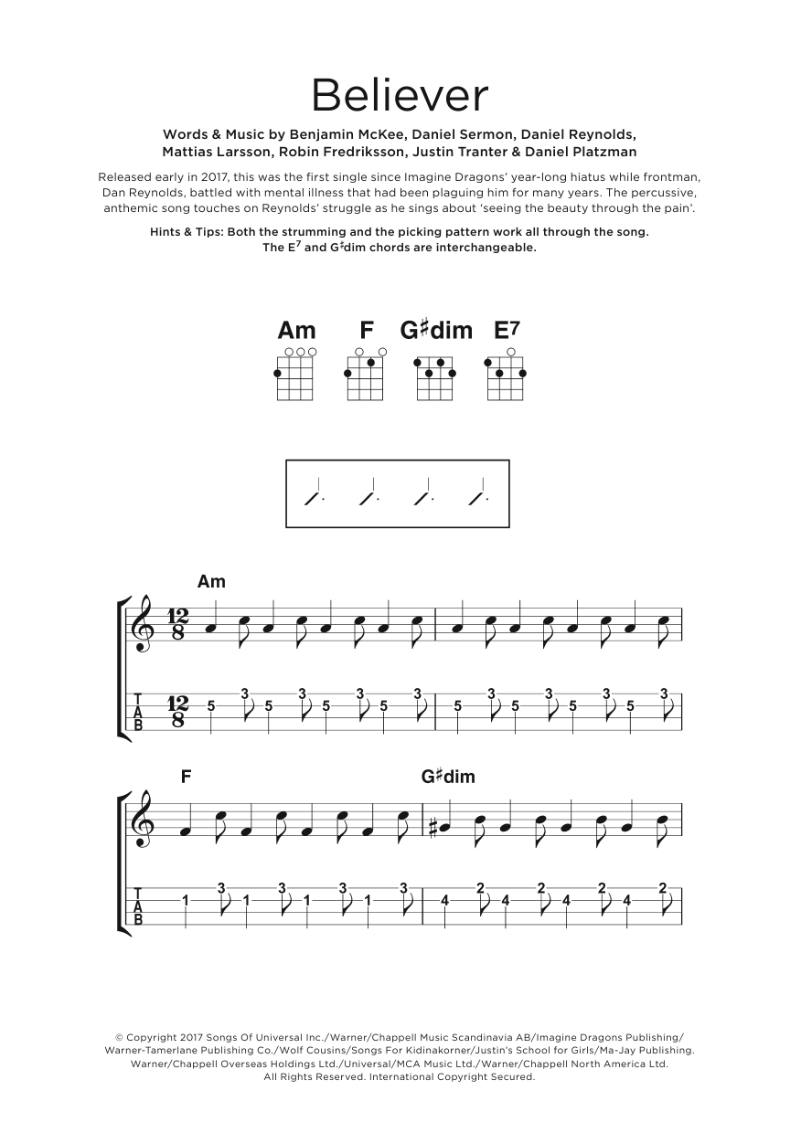 Imagine Dragons Believer Sheet Music Download Printable Pdf Pop Music Score For Guitar Chords Lyrics
