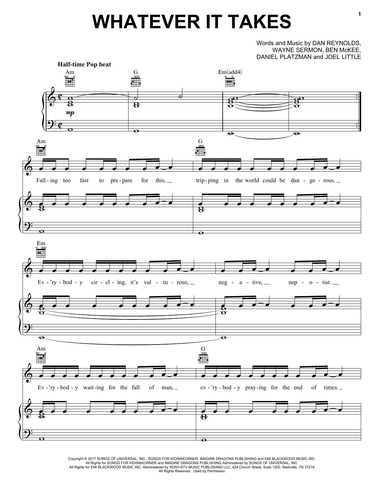 Imagine Dragons Whatever It Takes Sheet Music Download Pdf Score 253408