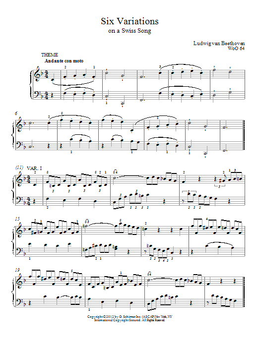 Ludwig van Beethoven Six Variations On A Swiss Song In F Major, WoO 64 sheet music, chords, lyrics - Printable PDF for Piano
