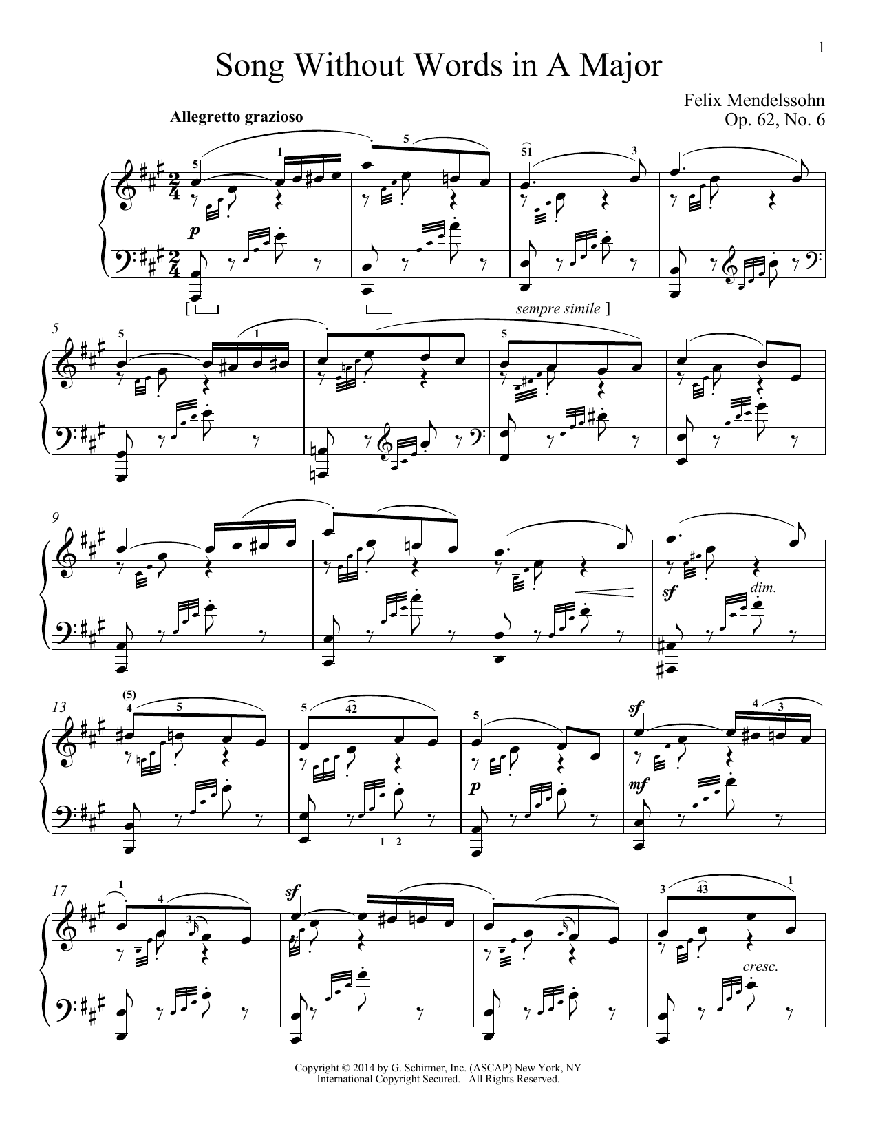 Felix Mendelssohn Song Without Words In A Major, Op. 62, No. 6 sheet music, chords, lyrics - Printable PDF for Piano