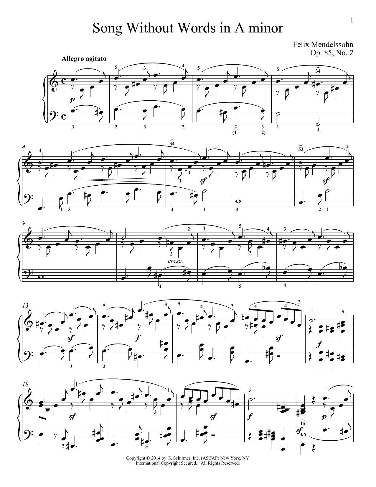 Felix Mendelssohn Song Without Words In A Minor, Op. 85, No. 2 sheet music, chords, lyrics - Printable PDF for Piano