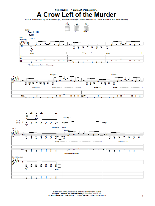 Learn to play Incubus A Crow Left Of The Murder sheet music for Guitar Tab in minutes. Incubus A Crow Left Of The Murder sheet music preview music notes and score for Guitar Tab including 11 page(s)