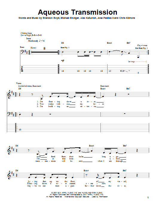 Learn to play Incubus Aqueous Transmission sheet music for Bass Guitar Tab in minutes. Incubus Aqueous Transmission sheet music notes and chords