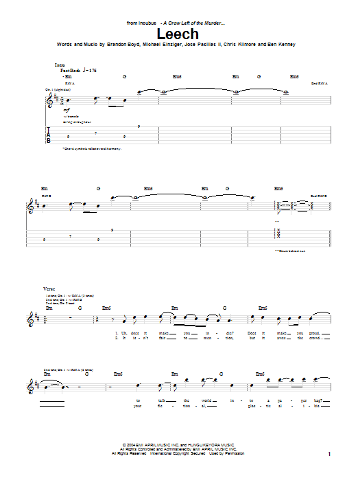 Learn to play Incubus Leech sheet music for Guitar Tab in minutes. Incubus Leech sheet music preview music notes and score for Guitar Tab including 6 page(s)