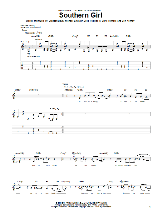 Learn to play Incubus Southern Girl sheet music for Guitar Tab in minutes. Incubus Southern Girl sheet music preview music notes and score for Guitar Tab including 7 page(s)