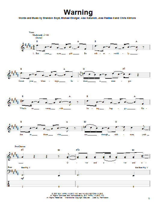 Learn to play Incubus Warning sheet music for Bass Guitar Tab in minutes. Incubus Warning sheet music notes and chords