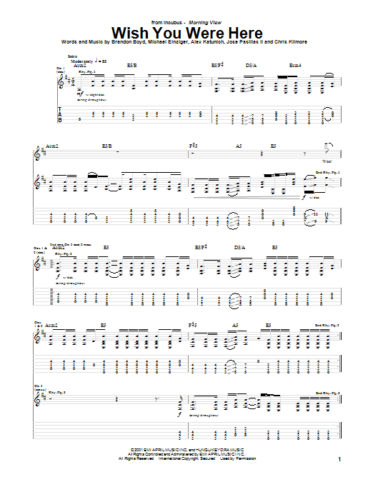 Incubus Wish You Were Here sheet music preview music notes and score for Easy Guitar Tab including 6 page(s)