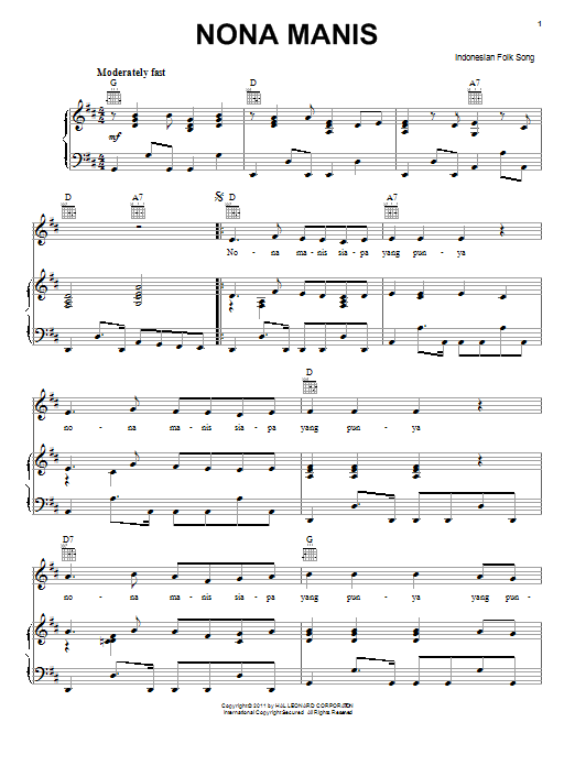 Download Indonesian Folk Song Nona Manis sheet music notes and chords for Piano, Vocal & Guitar (Right-Hand Melody) - Download Printable PDF and start playing in minutes.