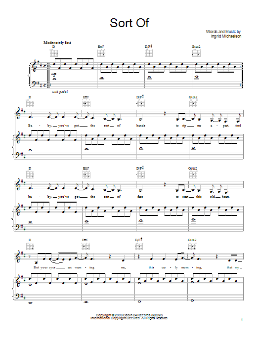 Ingrid Michaelson Sort Of sheet music, chords, lyrics - Printable PDF for Piano, Vocal & Guitar (Right-Hand Melody)