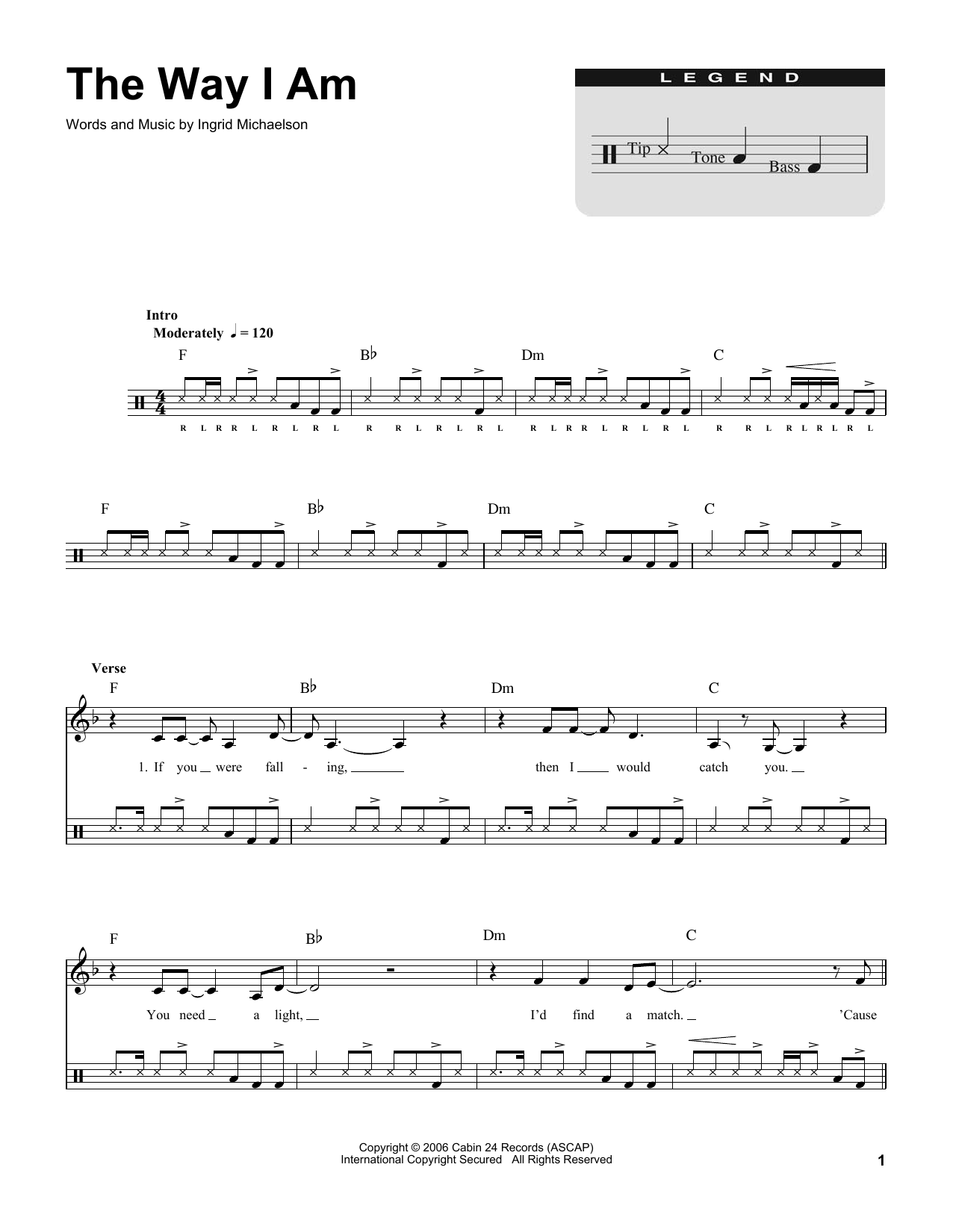 Ingrid Michaelson The Way I Am sheet music, chords, lyrics - Printable PDF for Drums Transcription
