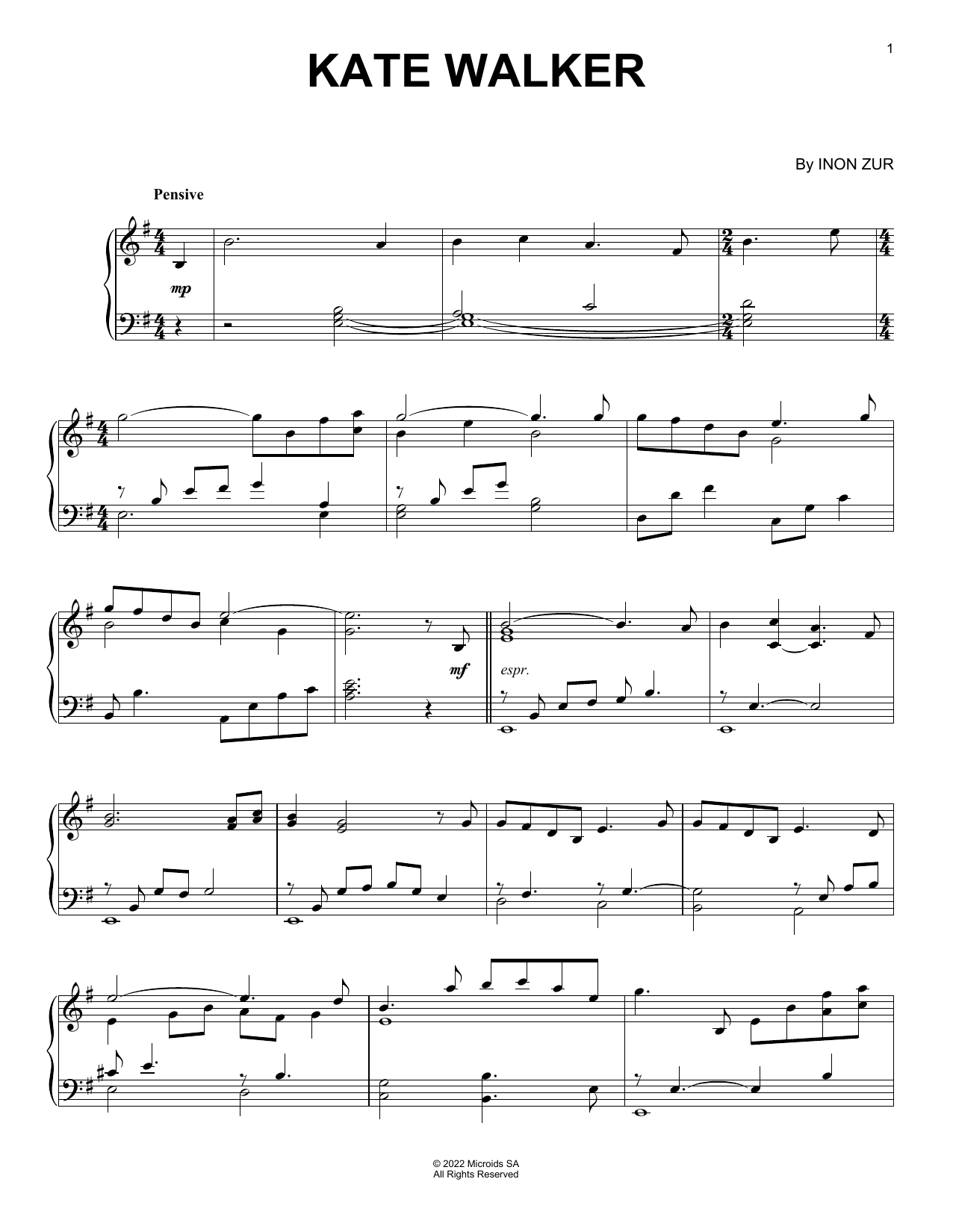Inon Zur Kate Walker (from Syberia: The World Before) sheet music, chords, lyrics - Printable PDF for Piano Solo
