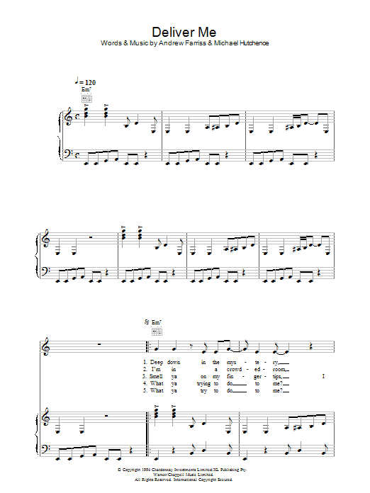 INXS Deliver Me sheet music preview music notes and score for Piano, Vocal & Guitar (Right-Hand Melody) including 5 page(s)