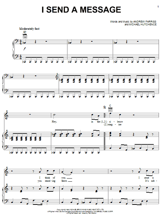 INXS I Send A Message sheet music preview music notes and score for Piano, Vocal & Guitar including 5 page(s)