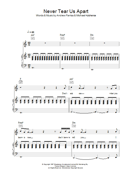 Learn to play INXS Never Tear Us Apart sheet music for Easy Piano in minutes. INXS Never Tear Us Apart sheet music preview music notes and score for Easy Piano including 5 page(s)