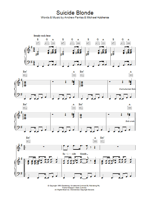 INXS Suicide Blonde sheet music preview music notes and score for Piano, Vocal & Guitar (Right-Hand Melody) including 6 page(s)