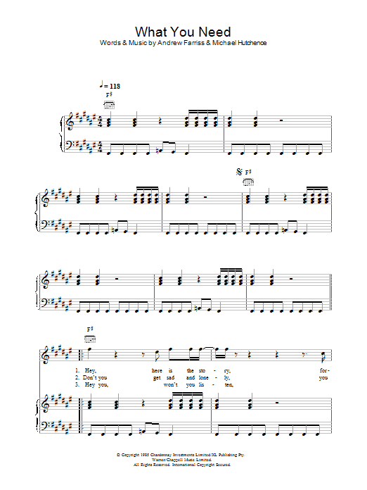 Learn to play INXS What You Need sheet music for Piano, Vocal & Guitar (Right-Hand Melody) in minutes. INXS What You Need sheet music preview music notes and score for Piano, Vocal & Guitar (Right-Hand Melody) including 5 page(s)