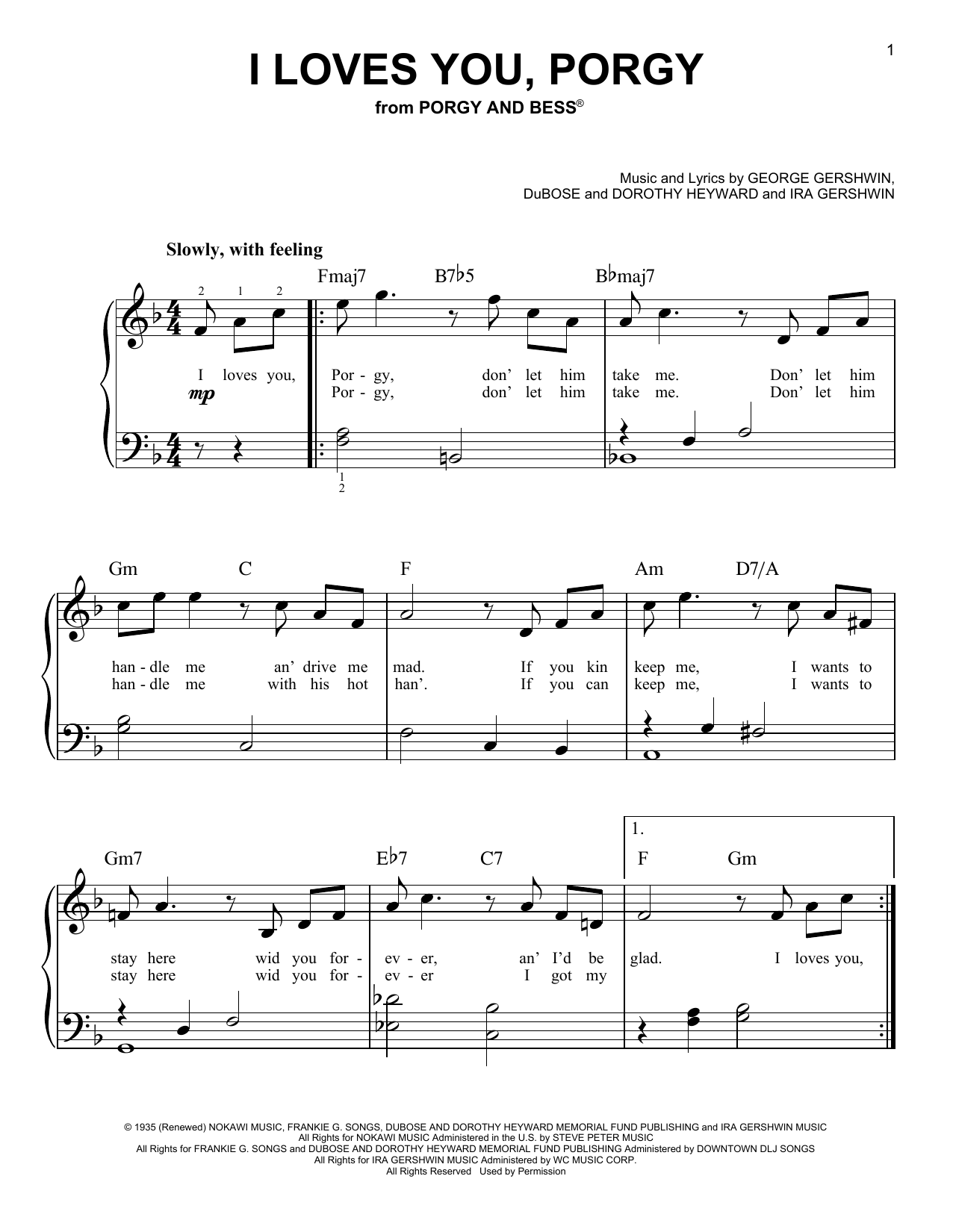 George Gershwin I Loves You, Porgy (from Porgy And Bess) sheet music, chords, lyrics - Printable PDF for Very Easy Piano
