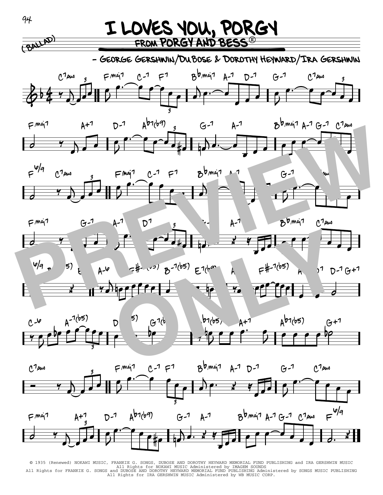 George Gershwin I Loves You, Porgy sheet music, chords, lyrics - Printable PDF for Real Book – Melody & Chords