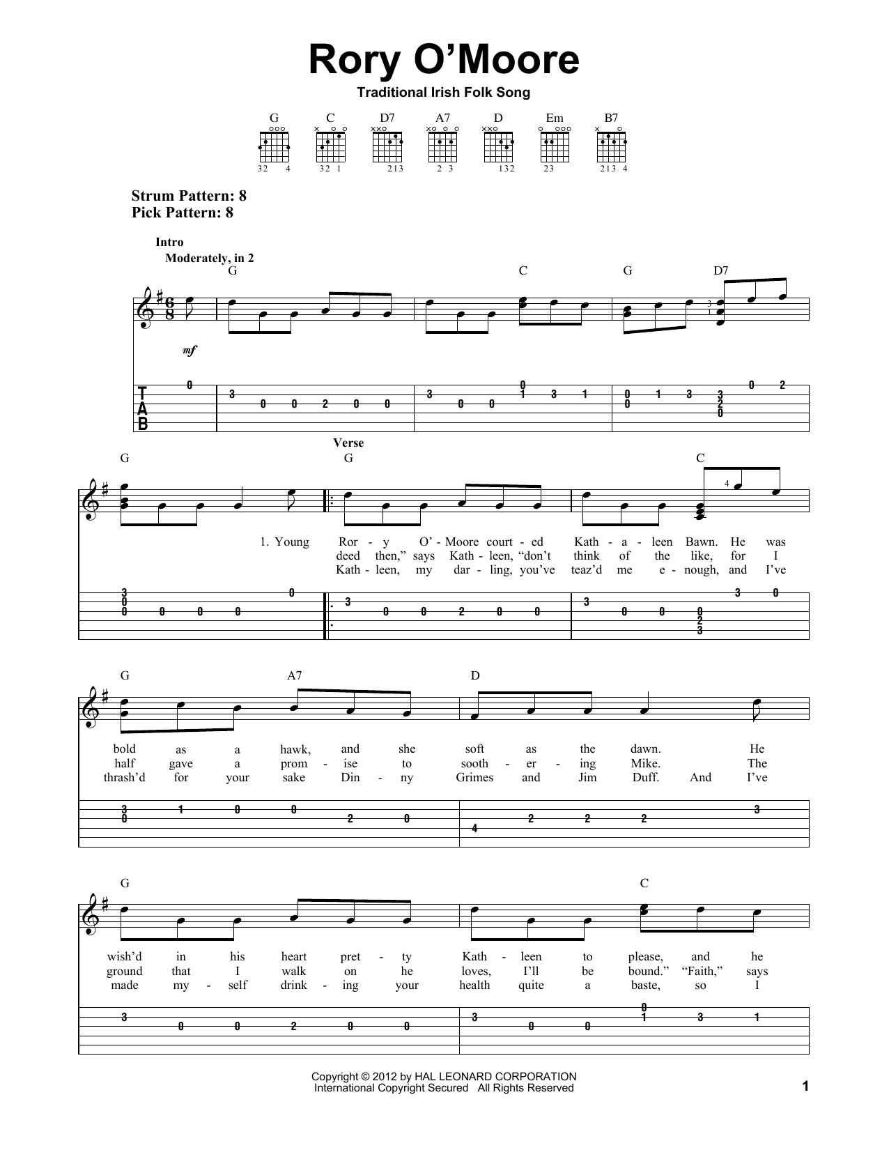 Irish Folk Song Rory O'Moore sheet music, chords, lyrics - Printable PDF for Easy Guitar Tab