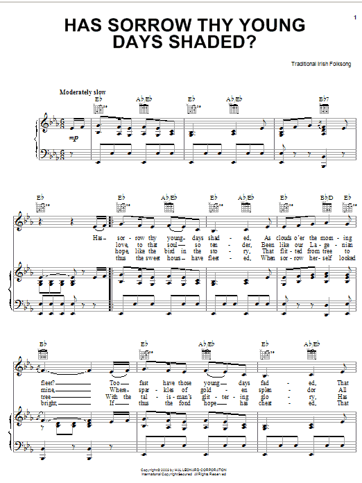 Irish Folksong Has Sorrow Thy Young Days Shaded? sheet music, chords, lyrics - Printable PDF for Easy Piano
