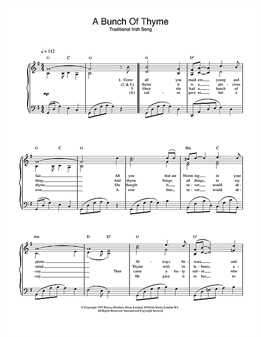 Learn to play Traditional Irish Song A Bunch Of Thyme sheet music for Piano, Vocal & Guitar (Right-Hand Melody) in minutes. Traditional Irish Song A Bunch Of Thyme sheet music notes and chords