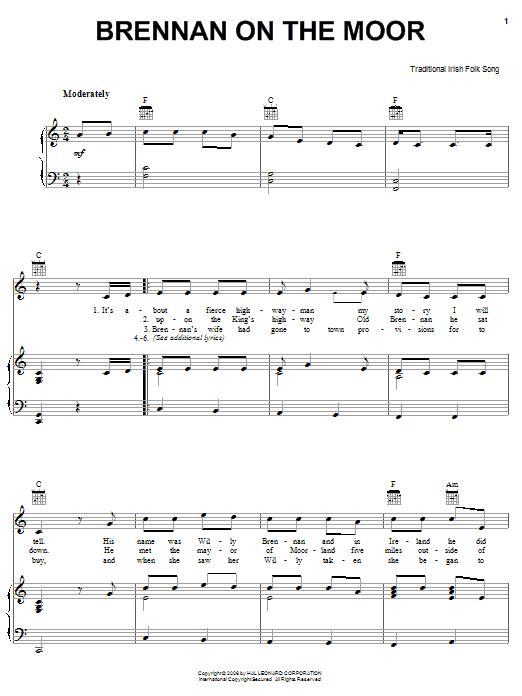 Learn to play Irish Folksong Brennan On The Moor sheet music for Easy Piano in minutes. Irish Folksong Brennan On The Moor sheet music preview music notes and score for Easy Piano including 3 page(s)