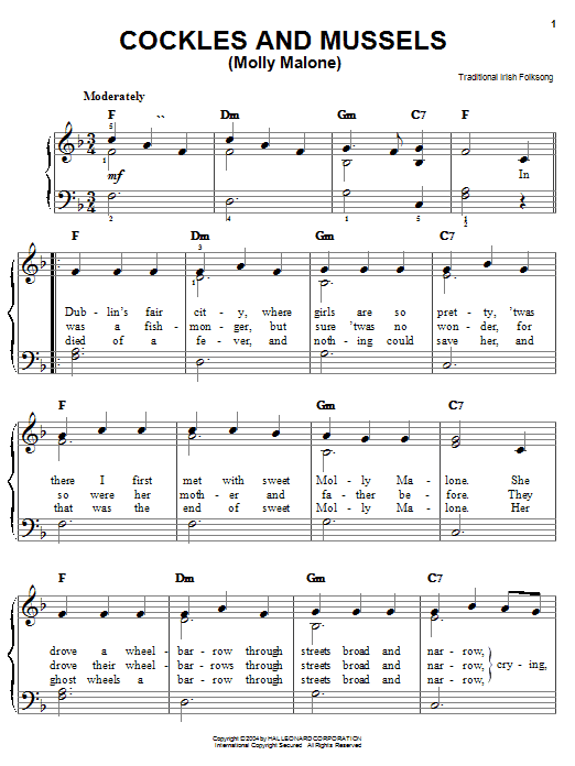 Learn to play Irish Folksong Molly Malone (Cockles & Mussels) sheet music for Easy Piano in minutes. Irish Folksong Molly Malone (Cockles & Mussels) sheet music preview music notes and score for Easy Piano including 2 page(s)