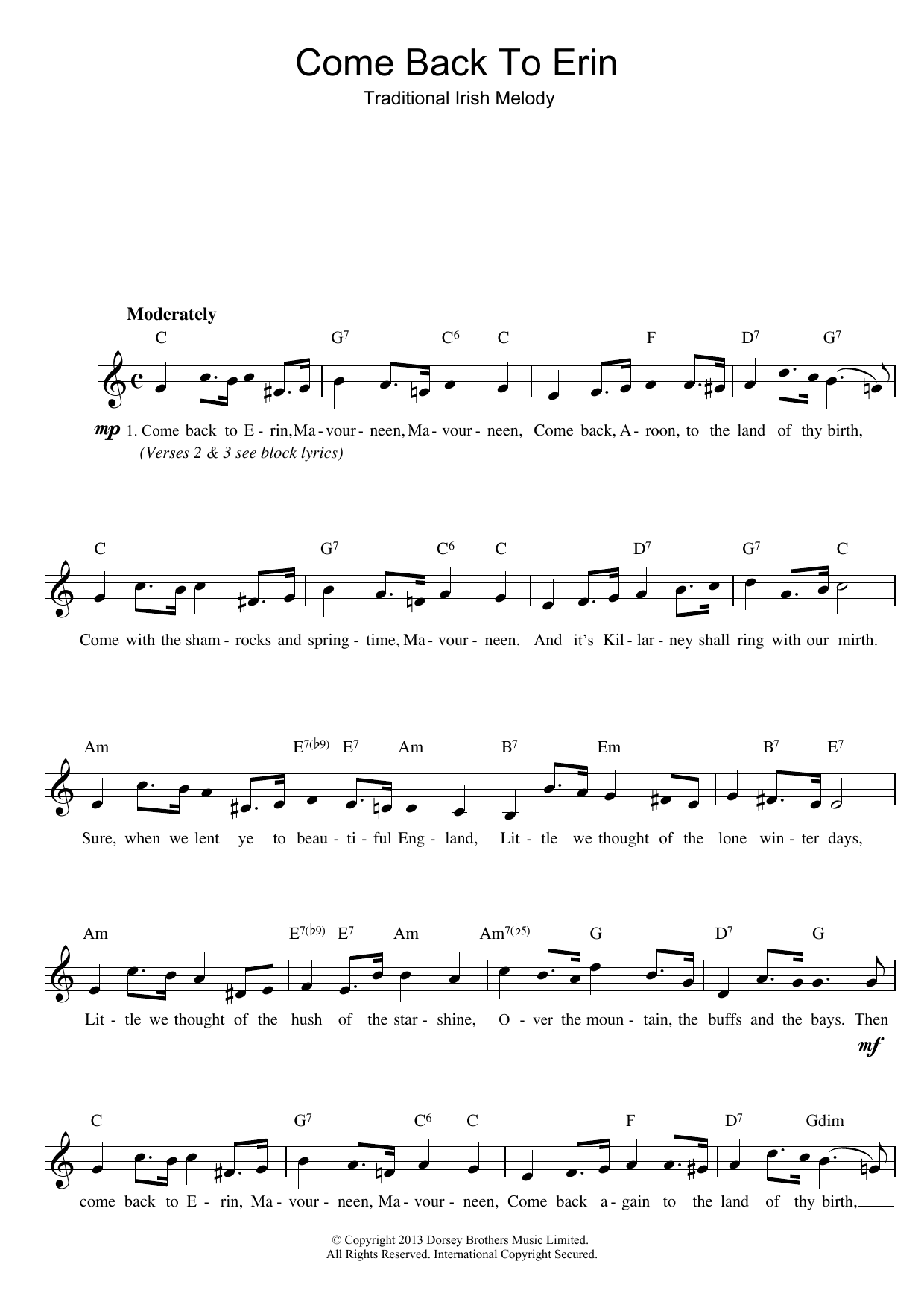 Irish Folksong Come Back To Erin sheet music preview music notes and score for Lyrics & Chords including 3 page(s)