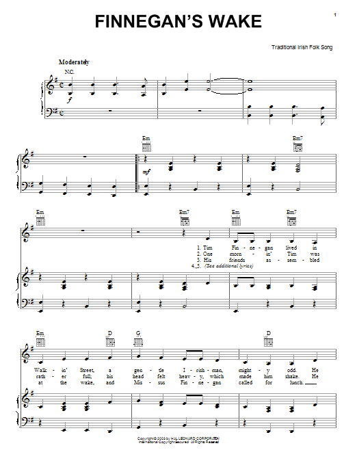 Learn to play Irish Folksong Finnegan's Wake sheet music for Piano, Vocal & Guitar (Right-Hand Melody) in minutes. Irish Folksong Finnegan's Wake sheet music preview music notes and score for Piano, Vocal & Guitar (Right-Hand Melody) including 3 page(s)