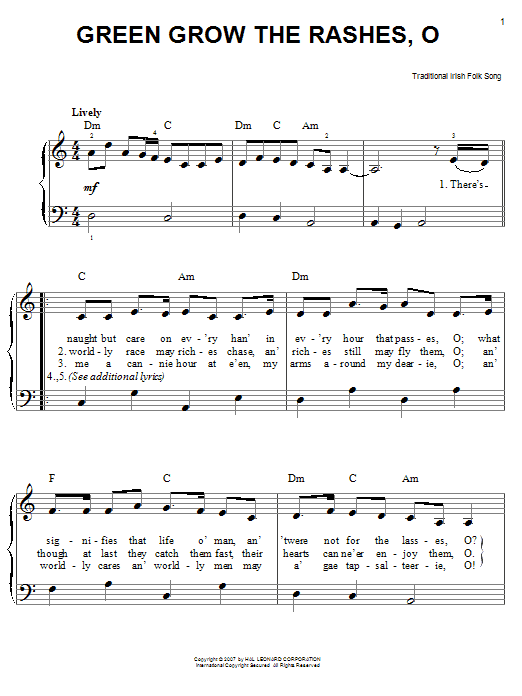 Learn to play Irish Folksong Green Grow The Rushes, O sheet music for Easy Piano in minutes. Irish Folksong Green Grow The Rushes, O sheet music preview music notes and score for Easy Piano including 2 page(s)