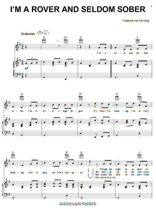 Irish Folksong I'm A Rover And Seldom Sober sheet music preview music notes and score for Piano, Vocal & Guitar (Right-Hand Melody) including 2 page(s)