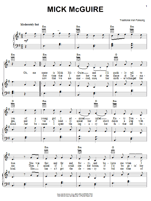 Learn to play Irish Folksong Mick McGuire sheet music for Piano, Vocal & Guitar (Right-Hand Melody) in minutes. Irish Folksong Mick McGuire sheet music preview music notes and score for Piano, Vocal & Guitar (Right-Hand Melody) including 3 page(s)