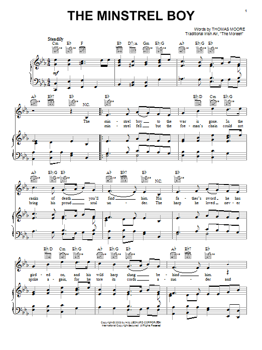 Learn to play Irish Folksong Minstrel Boy sheet music for Piano, Vocal & Guitar (Right-Hand Melody) in minutes. Irish Folksong Minstrel Boy sheet music preview music notes and score for Piano, Vocal & Guitar (Right-Hand Melody) including 2 page(s)