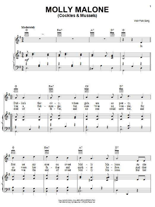 Learn to play Irish Folksong Molly Malone (Cockles & Mussels) sheet music for Piano, Vocal & Guitar (Right-Hand Melody) in minutes. Irish Folksong Molly Malone (Cockles & Mussels) sheet music preview music notes and score for Piano, Vocal & Guitar (Right-Hand Melody) including 2 page(s)