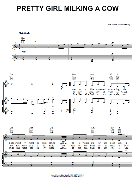 Learn to play Irish Folksong Pretty Girl Milking A Cow sheet music for Piano, Vocal & Guitar (Right-Hand Melody) in minutes. Irish Folksong Pretty Girl Milking A Cow sheet music preview music notes and score for Piano, Vocal & Guitar (Right-Hand Melody) including 2 page(s)
